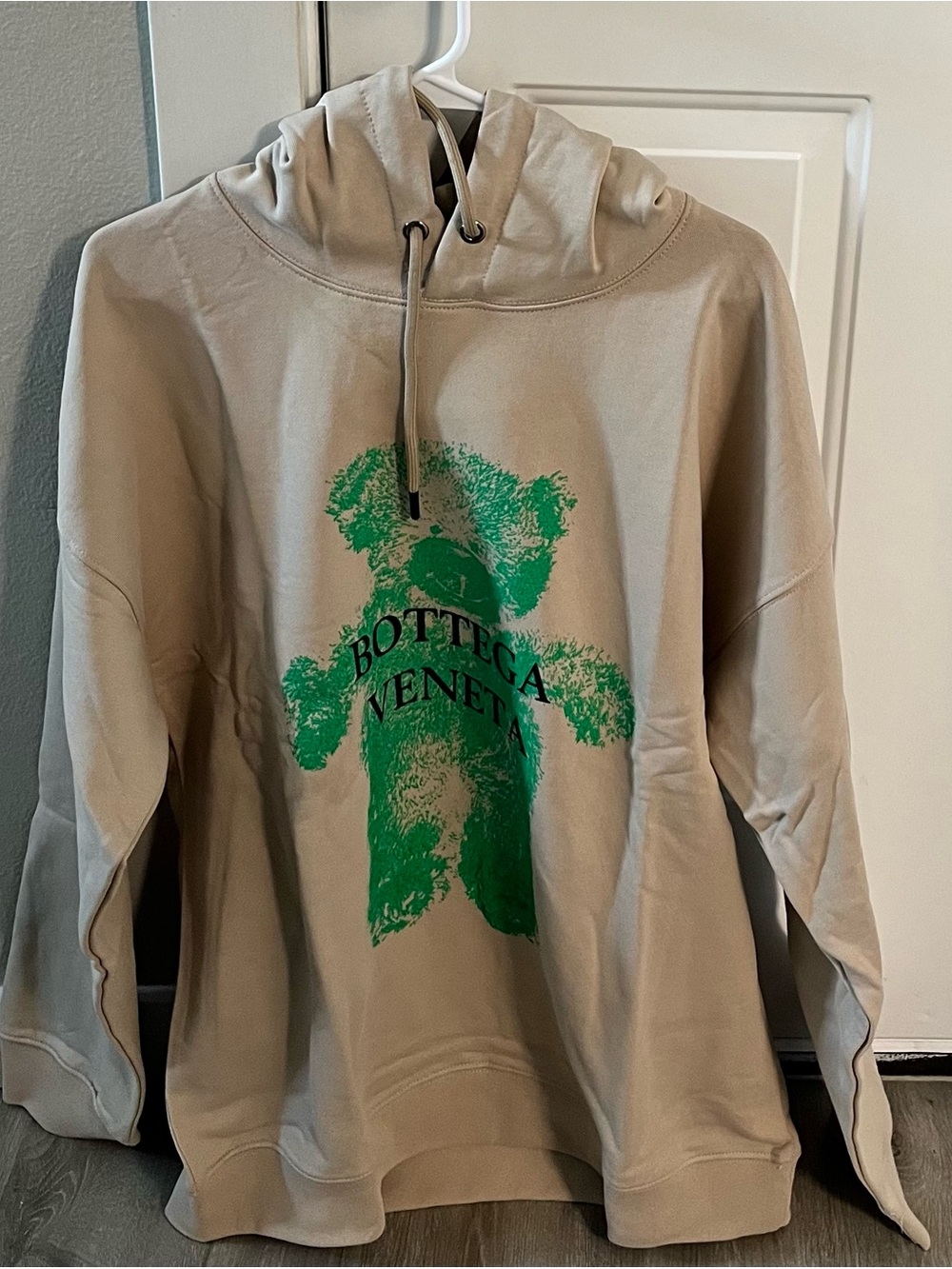 Bottega Veneta Beige Hoodie with Green Teddy Print